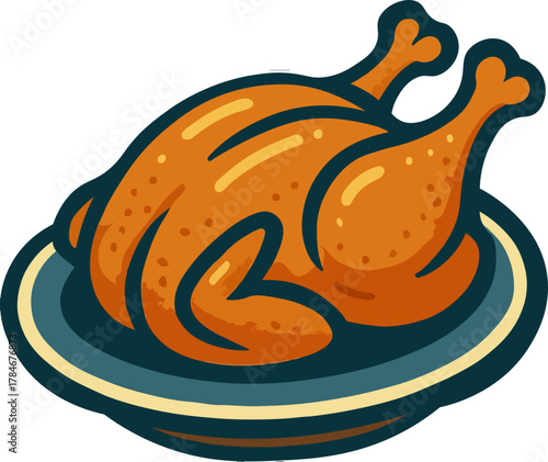 Golden brown roasted chicken or turkey on a platter, a classic cartoon illustration for festive holiday meals like Thanksgiving and Christmas dinner