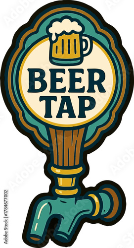 Vintage-inspired illustration of a classic beer tap sign, featuring a stylized mug and bold 'BEER TAP' lettering, perfect for brewery branding or pub decor