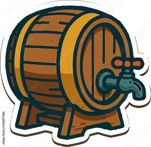 A classic wooden barrel on a stand with a spigot, a vintage cartoon sticker icon representing beer, wine, or whiskey