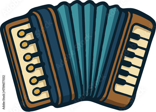 A vibrant cartoon illustration of a classic blue accordion musical instrument, isolated on a white background