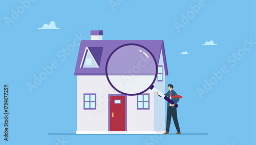 Smart businessman using magnifying glass zooming to see house or residential details. Searching for new house, look for real estate and accommodation valuation or new rent and mortgage.