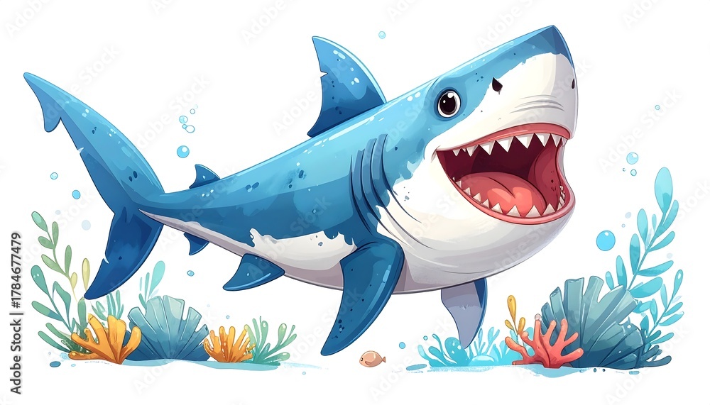 Obraz premium Cartoon shark illustration with open mouth, smiling and with some sea plants