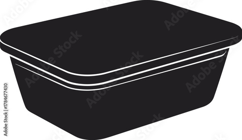 Black food storage container silhouette vector illustration of plastic lunch box, kitchen packaging design, takeaway meal box, minimalist isolated graphic.