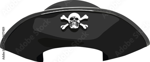 Black pirate hat with white skull and crossbones symbol vector illustration for costume, adventure, Halloween, and nautical design themes