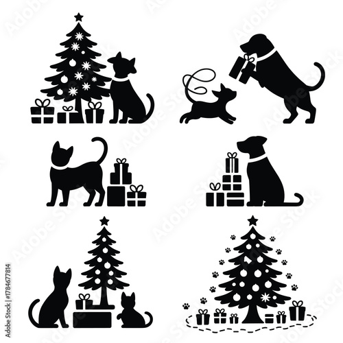Pet and Christmas Gifts Silhouette Vector Set