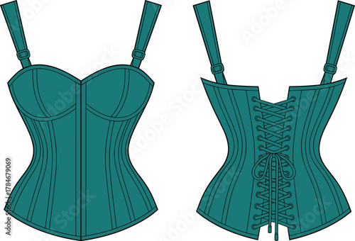 Teal corset fashion illustration, technical garment flat, front and back view, lace up closure, structured cups, boning detail, adjustable straps design