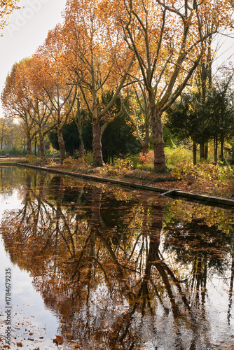 Parklandschaft im Herbst mit bunten Bäumen und Spiegelungen im Wasser
