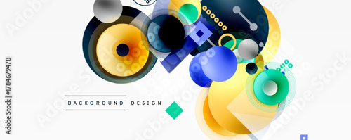 Abstract geometric shapes, vibrant colors, dynamic composition. Modern design elements create visually interesting background.