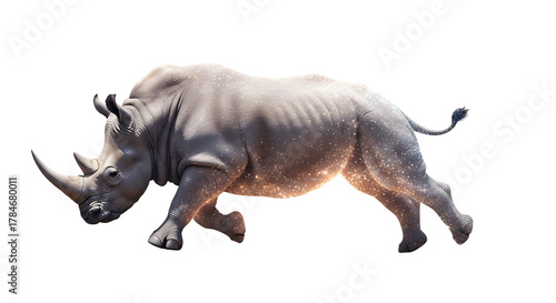 A majestic rhino strides across darkness aglow