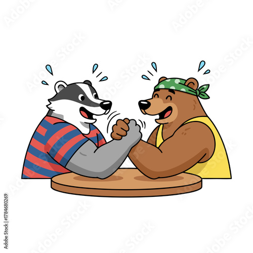 Two cartoon animal friends a badger and a bear arm wrestling with smiles on their faces under a clear sky