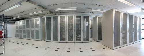 Server room with rack servers and cabinets for internet and connectivity
