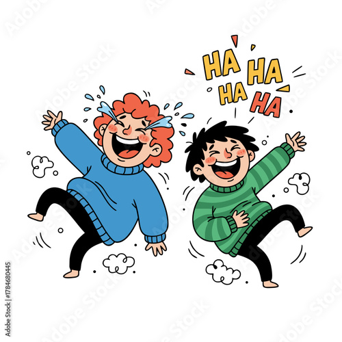 Two children laughing with tears of joy jumping in the air with ha ha ha text above them on a black background