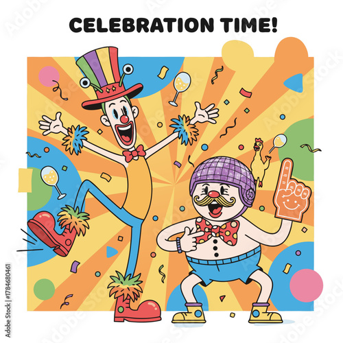 Two clowns celebrating with confetti and balloons in a vibrant sunburst background with party hats and foam fingers joyous atmosphere