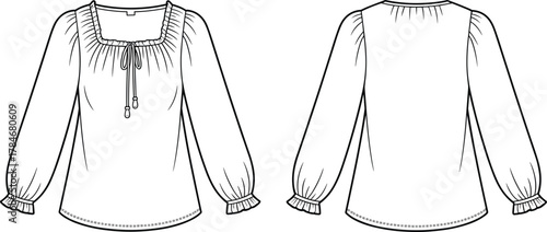 Women’s blouse fashion illustration, technical garment flat, square neckline design, gathered detailing, drawstring tie, tassel accents, voluminous sleeves, 