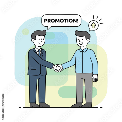 Two businessmen shake hands a promotion is celebrated with a speech bubble indicating success and growth a briefcase rests nearby in a modern cartoon style illustration