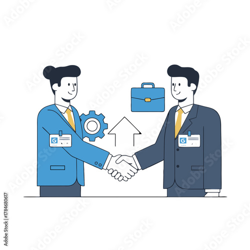 Two businessmen in blue suits and yellow ties shake hands in front of a briefcase and gear illustration with a white arrow pointing up representing agreement and productivity flat design style