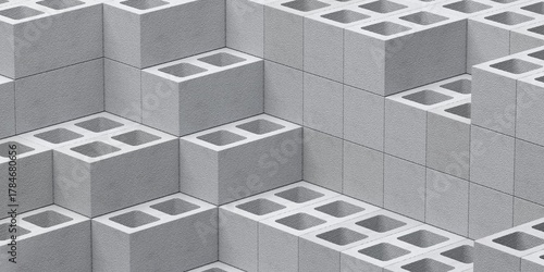 Stacked layers of concrete brick stones background, construction, building trade or masonry industry concept object