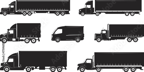 Cargo transport truck silhouette vector illustration showing delivery vehicles, heavy trucks, freight transport, and logistics transportation design for shipping industry