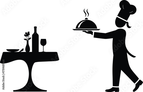 Chef serving hot meal to restaurant table, vector illustration design, dining service concept, gourmet food presentation, hospitality and culinary art symbol