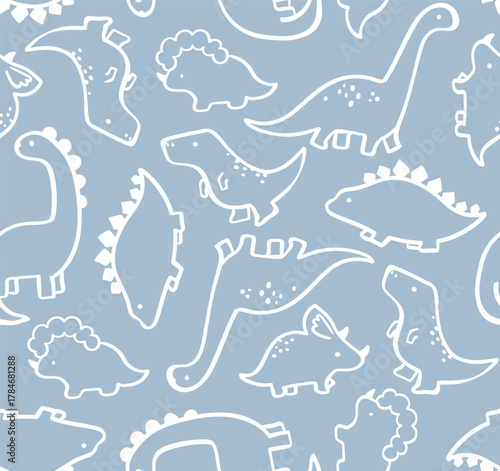 seamless pattern dinosaur, Cute doodle dino. Cartoon illustration dinosaur white color . Vector abstract seamless pattern with cute dino in flat style on light blue  background