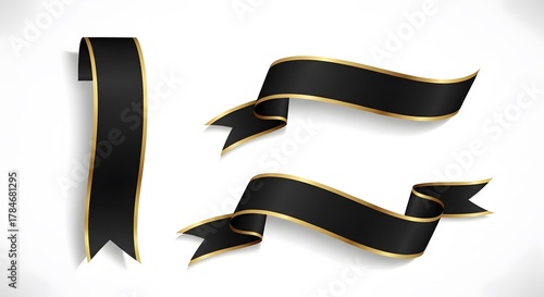 Elegant black ribbons with gold trim vector banners for decoration and design isolated on white