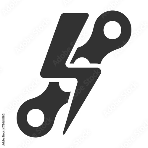 Monochrome vector icon of a powerful lightning bolt shape created from two separate bicycle chain links, symbolizing speed and electric energy