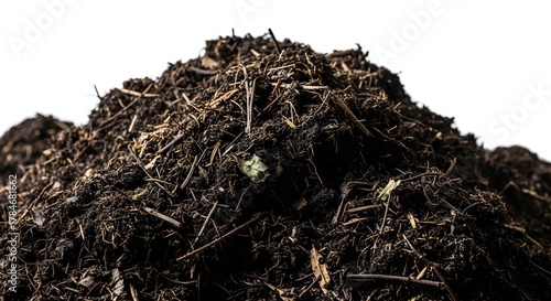 Pile of dark compost rich organic matter for gardening isolated on white background