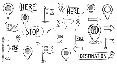 Hand-drawn map pointers and location icons vector navigation elements for maps and infographics isol