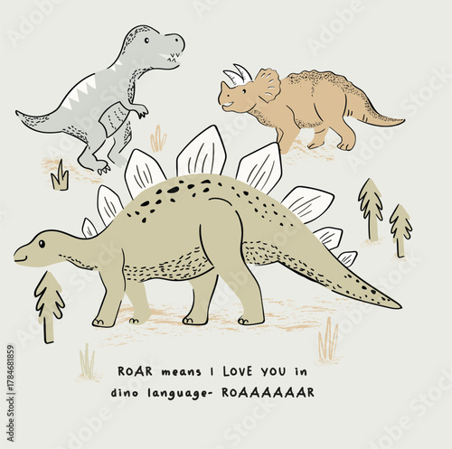 set of dinosaurs icons in flat style for designing dino party, children holiday, dinosaur-related materials background on light olive