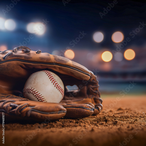 Baseball glove baseball dirt close up square shallow depth of field leather sport field evening dramatic lighting excitement anticipation focus