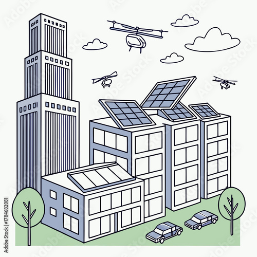 Futuristic city with solar powered buildings and flying vehicles