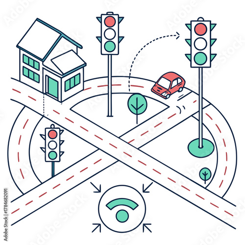 Smart city intersection with traffic lights car house and wifi signal