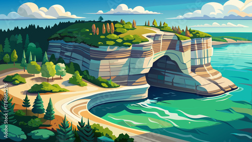 Very beautiful aerial view of Chapel Rock at Pictured Rocks National Lakeshore in Michigan, USA, featuring dramatic sandstone formations, turquoise lake water, lush forest edges, and a realistic brigh