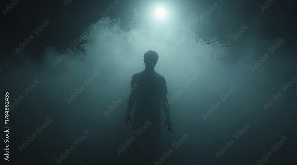 Fototapeta premium Mysterious man silhouette standing in the fog under the moonlight in the darkness