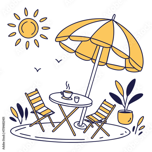 Cozy outdoor seating area with umbrella chairs table and coffee on a sunny day