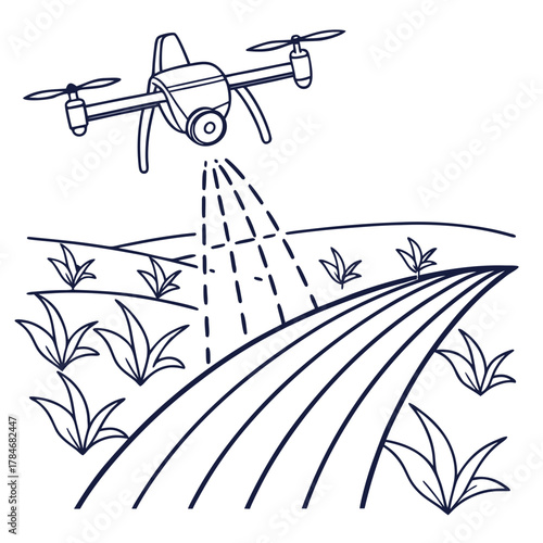 Drone spraying crops in a field with a hand drawn illustration style
