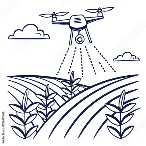 Drone spraying crops over a farm field with plants and clouds