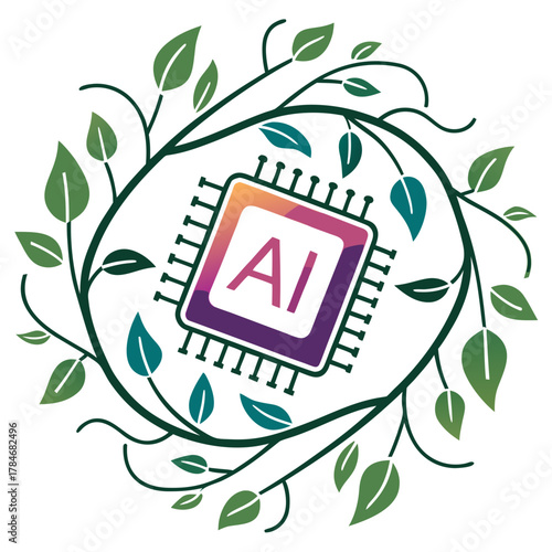 Artificial intelligence chip surrounded by green leaves and branches