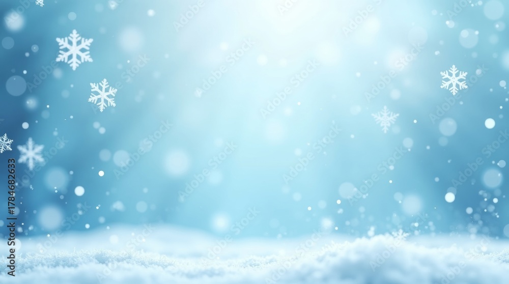Fototapeta premium Winter background with falling snowflakes and snow ground in light blue color