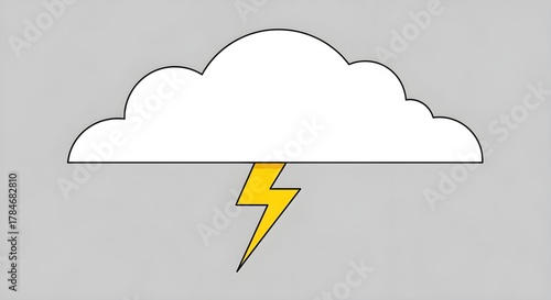 Cartoon White Cloud with Yellow Lightning Bolt on Gray Background Illustrates Stormy Weather, Power, and Comic Relief