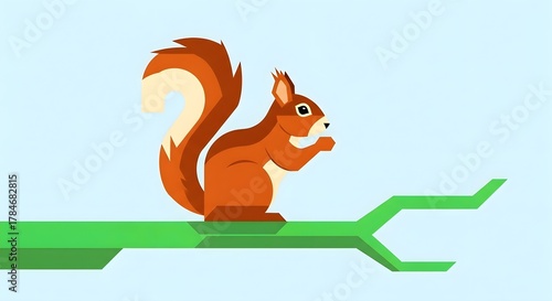 A geometric illustration of a squirrel perched on a tree branch against a pale blue sky, eating something.