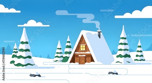 Cozy winter cabin nestled amidst snow-covered evergreen trees under a bright blue sky, creating a peaceful scene.