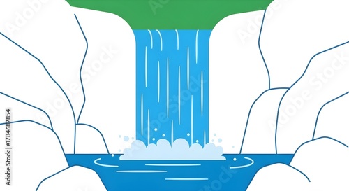 A serene cartoon illustration of a waterfall cascading into a tranquil pool surrounded by rock formations.