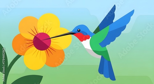 A vibrant hummingbird delicately sipping nectar from a bright yellow flower against a soft gradient background.