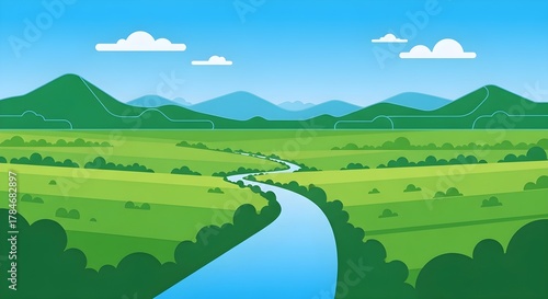 Serene cartoon landscape with a winding river through green fields and rolling hills under a blue sky.
