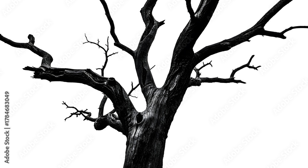 Obraz premium Dramatic silhouette of a bare tree stark black and white contrast isolated on white background
