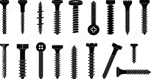 Collection of screw and bolt silhouettes vector illustration featuring various types of fasteners for construction, hardware, industrial, and mechanical design.
