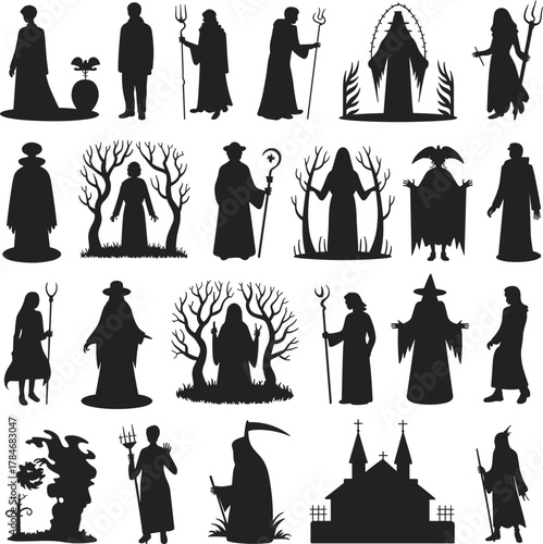 Collection of spooky dark silhouette figures and haunted elements vector illustration for Halloween, horror, fantasy, mystery, and gothic design themes
