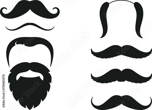 Collection of various beard and mustache styles vector illustration, classic facial hair silhouettes design for barbershop, grooming, men fashion concept