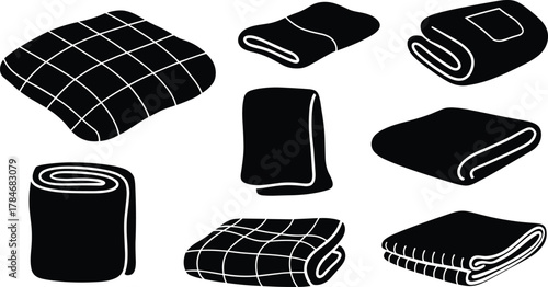 Collection of various folded and rolled blanket silhouettes vector illustration, cozy bedding textile set for home comfort and interior decor.